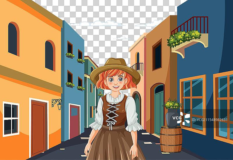 穿着历史服装的微笑年轻女孩在街上图片素材