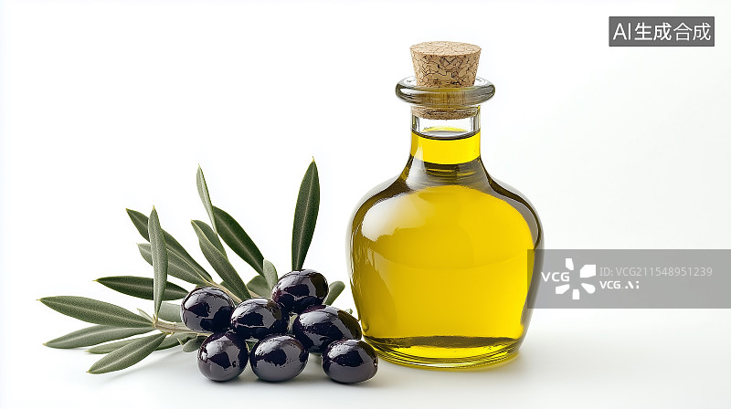 【AI数字艺术】橄榄枝和一瓶橄榄油图片素材