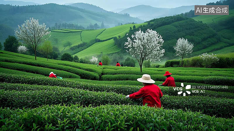 【AI数字艺术】茶园春色采茶忙绿意盎然茶飘香图片素材
