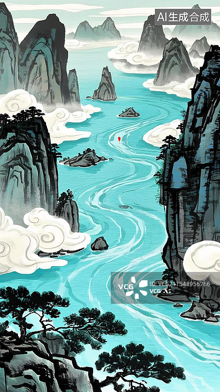 【AI数字艺术】3D毛毡中国风山水画图片素材