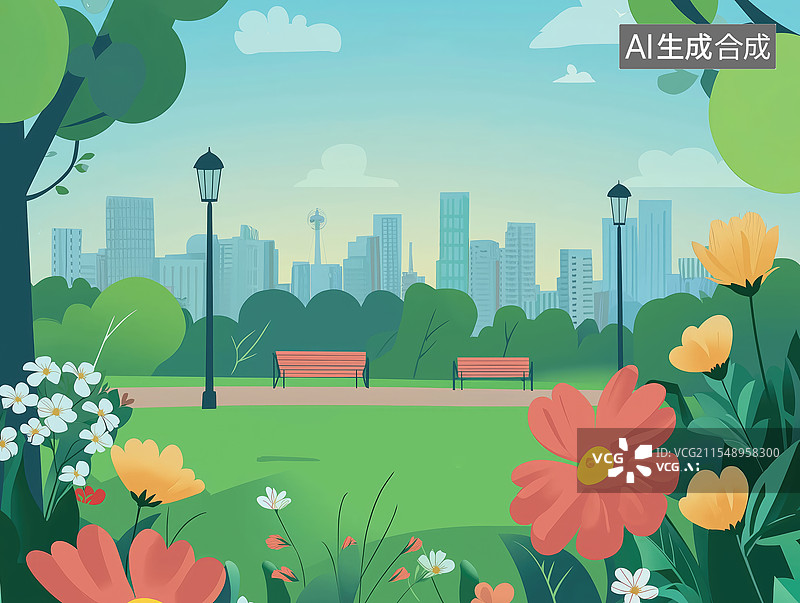 【AI数字艺术】城市公园和建筑插画图片素材