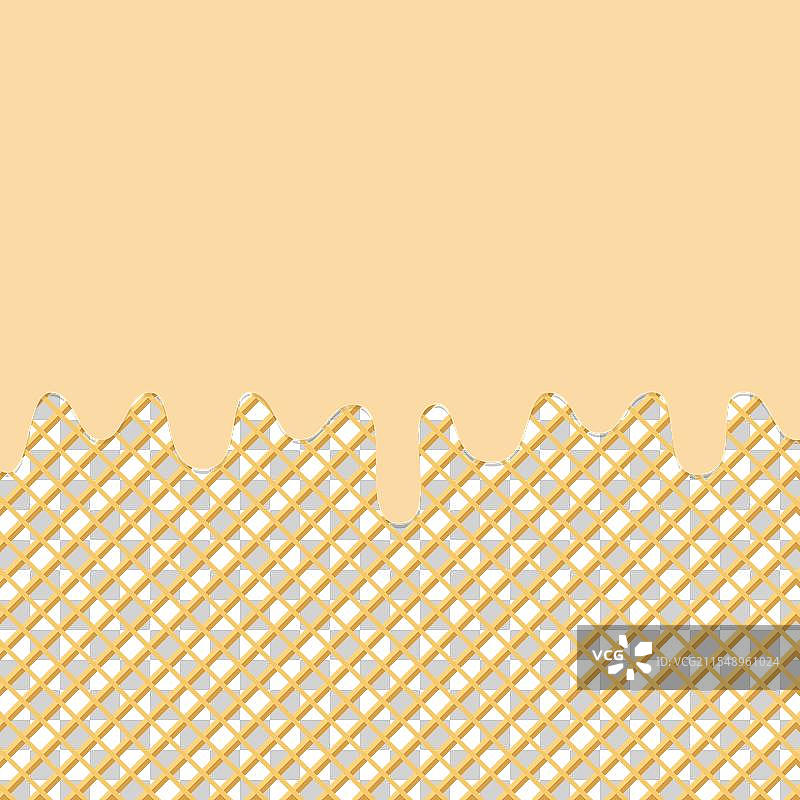 融化的香草冰淇淋在威化饼背景上图片素材