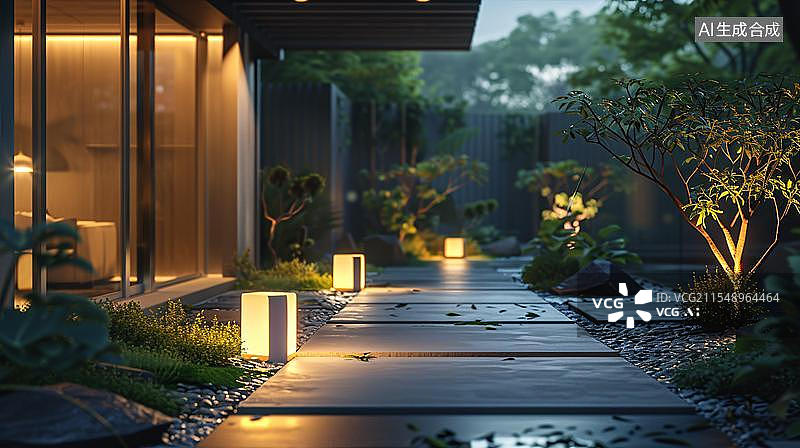 【AI数字艺术】雨后庭院的宁静之美  石板路引领的归家之路图片素材