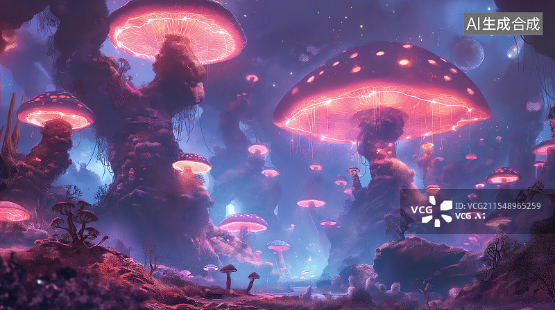 【AI数字艺术】奇幻外星球上的蘑菇森林图片素材