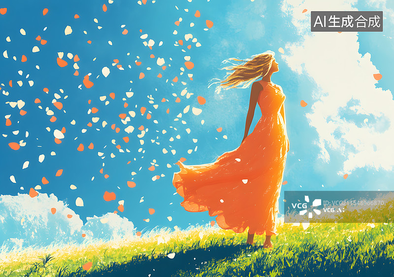 【AI数字艺术】妇女节女神节海报素材，一名身穿长裙的女人走在草地上，花瓣飞舞图片素材