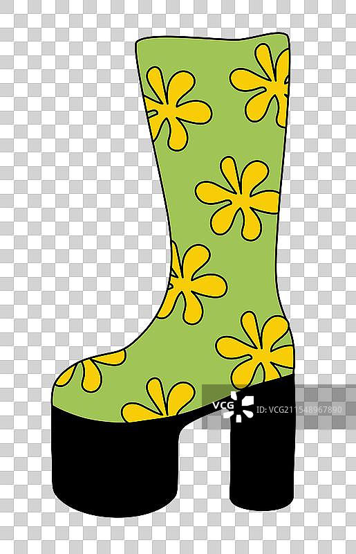 时尚的1980年代复古迪斯科绿色靴子，带有花朵图案图片素材