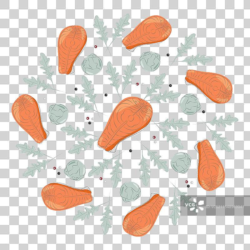 布鲁塞尔芽菜、芝麻菜、三文鱼和其他食材图片素材