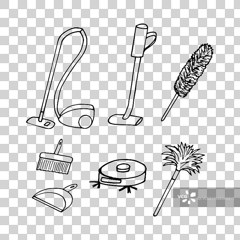 手绘涂鸦风格的清洁工具套装和吸尘器图片素材