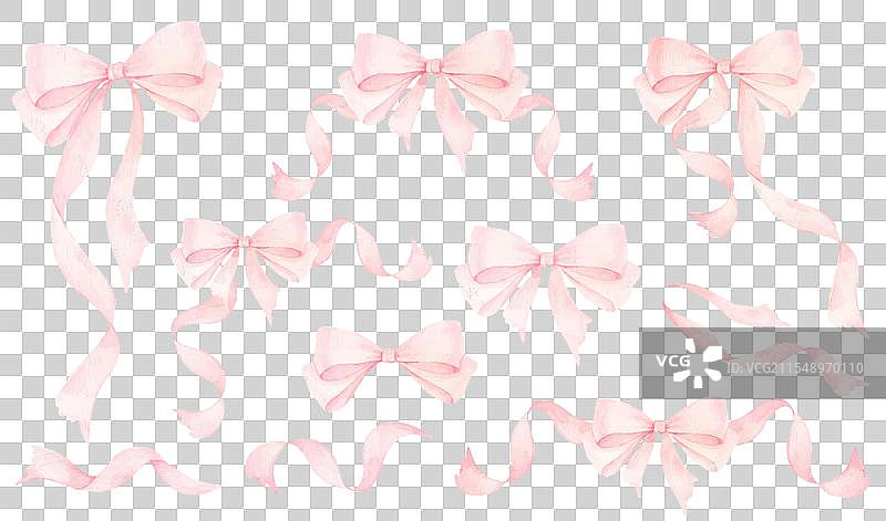 娇媚的粉色丝带蝴蝶结水彩套装，单独展示图片素材