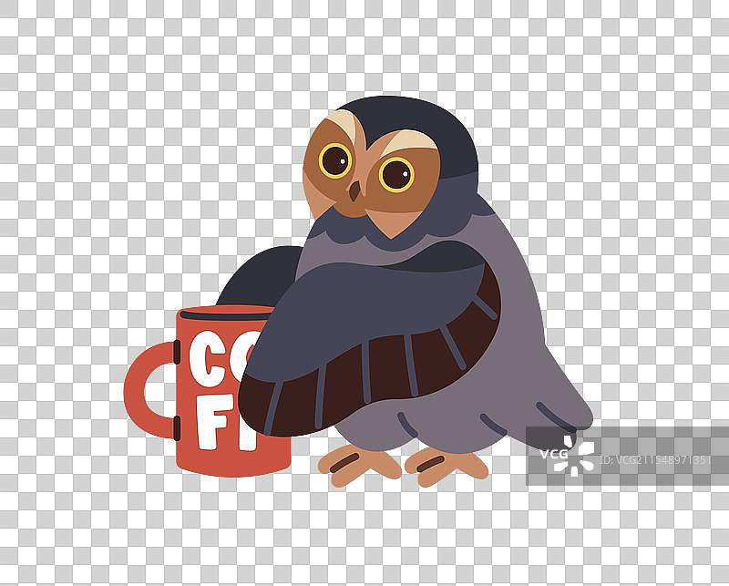 困倦的猫头鹰用翅膀托着杯子喝水图片素材