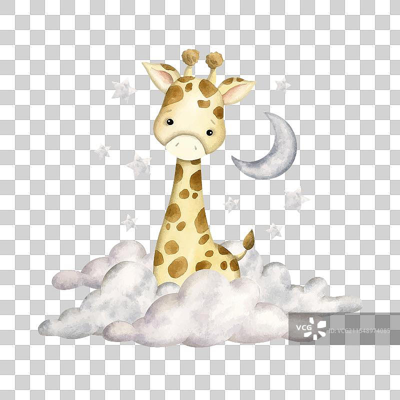 手绘水彩风格的野生动物园与小长颈鹿图片素材