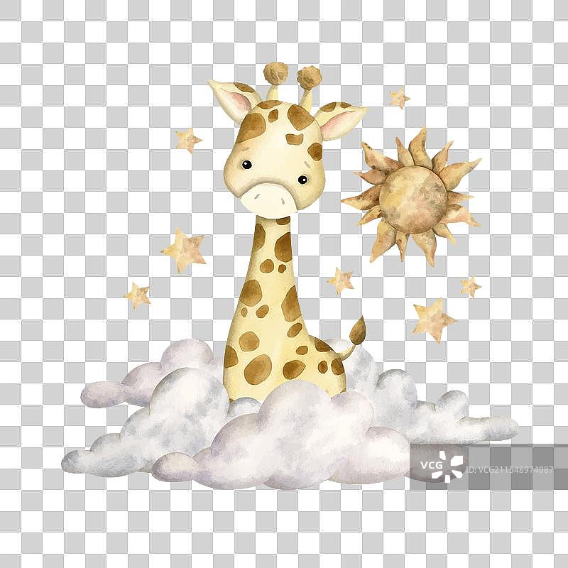 手绘水彩风格的野生动物园与小长颈鹿图片素材