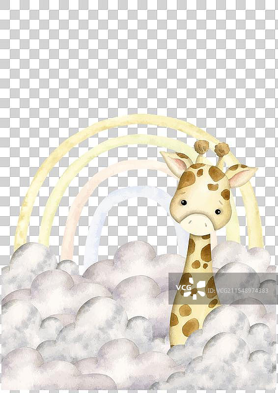 手绘水彩风格的野生动物园与小长颈鹿图片素材