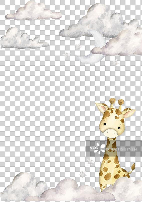 手绘水彩风格的野生动物园与小长颈鹿图片素材