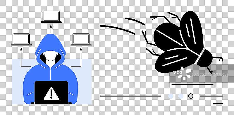 穿着连帽衫的黑客与笔记本电脑和飞虫图片素材