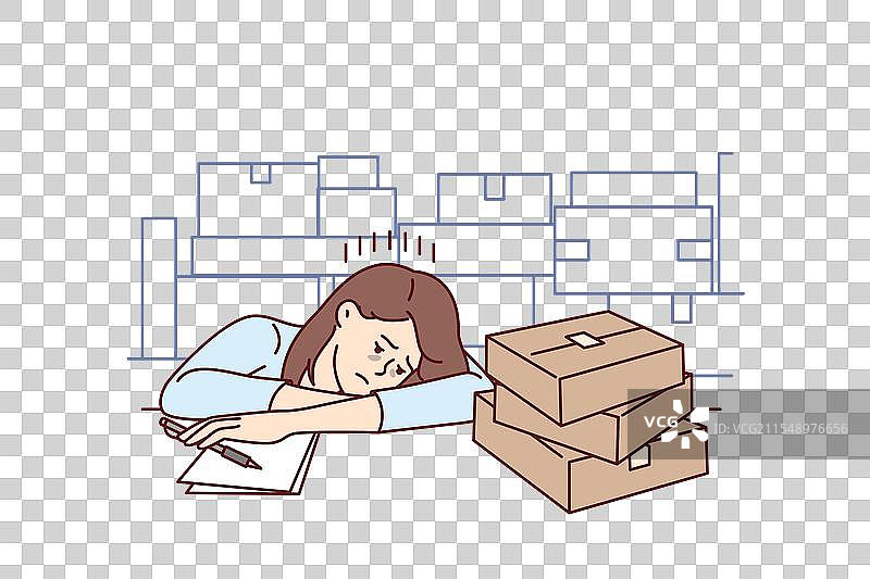 在纸箱旁边感到沮丧的女孩在仓库工作图片素材