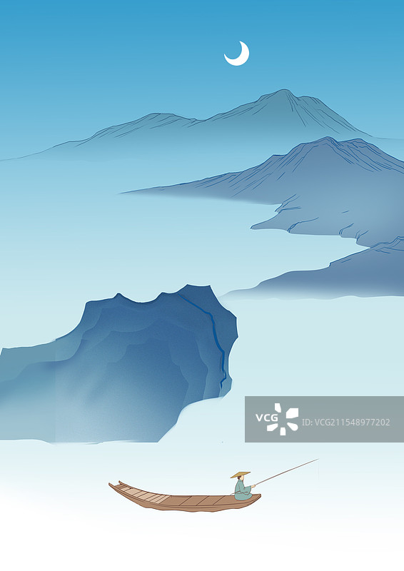 中国风新中式古风古典传统文化国学经典青绿山水画意境风景山川地理大好河山垂钓钓鱼夜空资讯户外插画图片素材