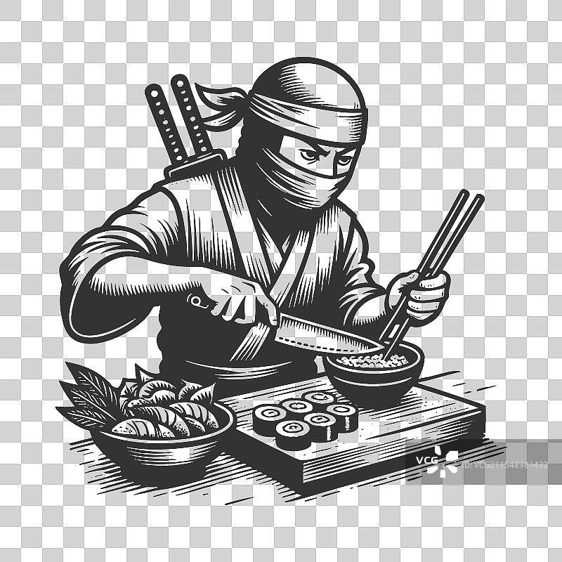 忍者厨师准备寿司卷的雕刻图片素材