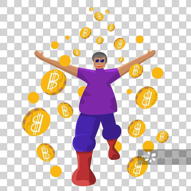 一个男人在比特币雨中沐浴，采用扁平设计风格图片素材