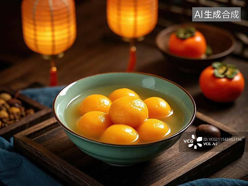 【AI数字艺术】一碗大黄米汤圆与柿子图片素材