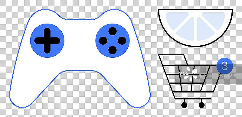 游戏手柄、柠檬片和购物车图片素材