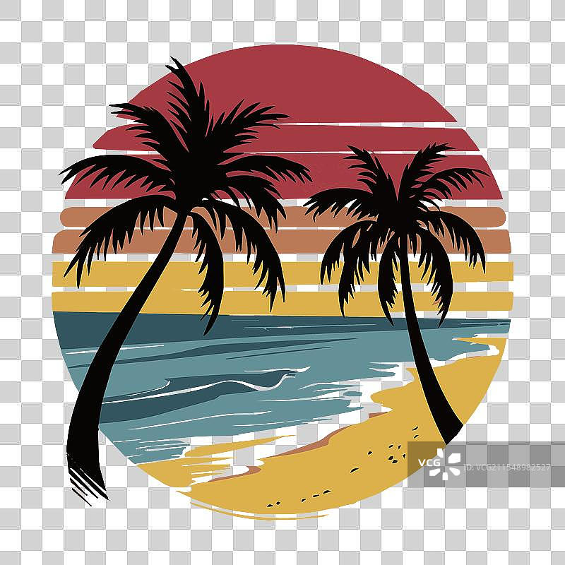 复古色彩设计的海滩和棕榈树图片素材