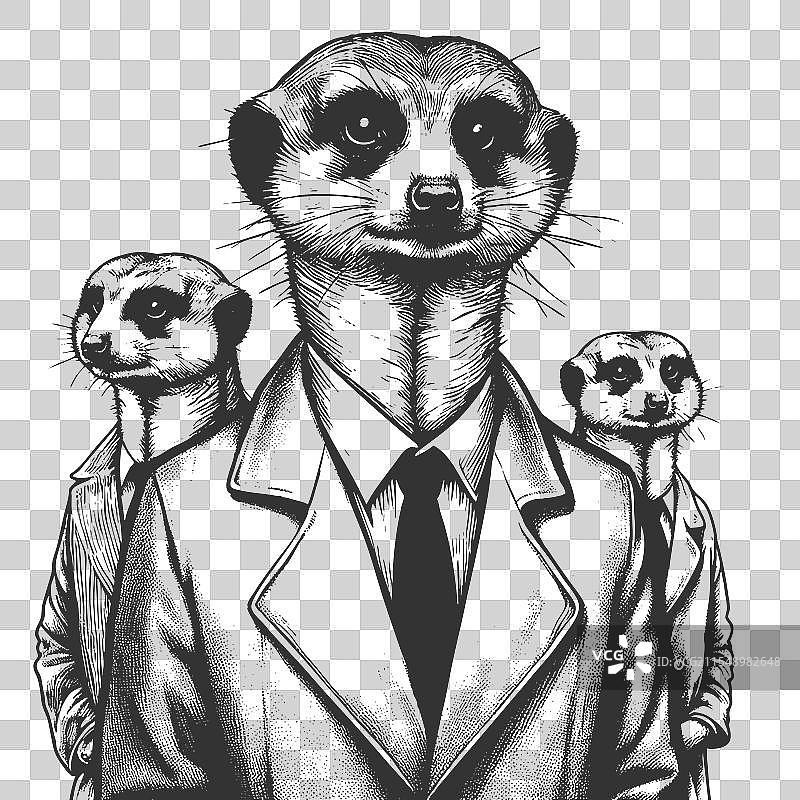 穿着西装的狐獴群雕刻图案图片素材