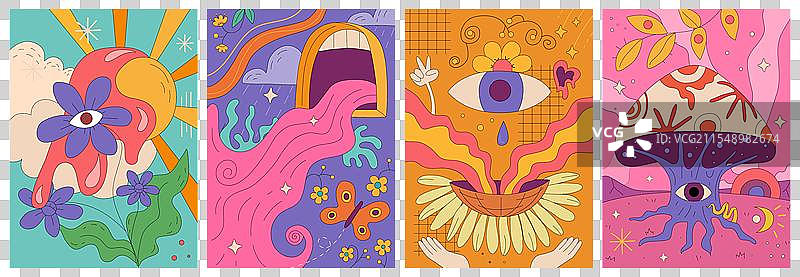 迷幻风格的海报，包含花卉和自然元素图片素材