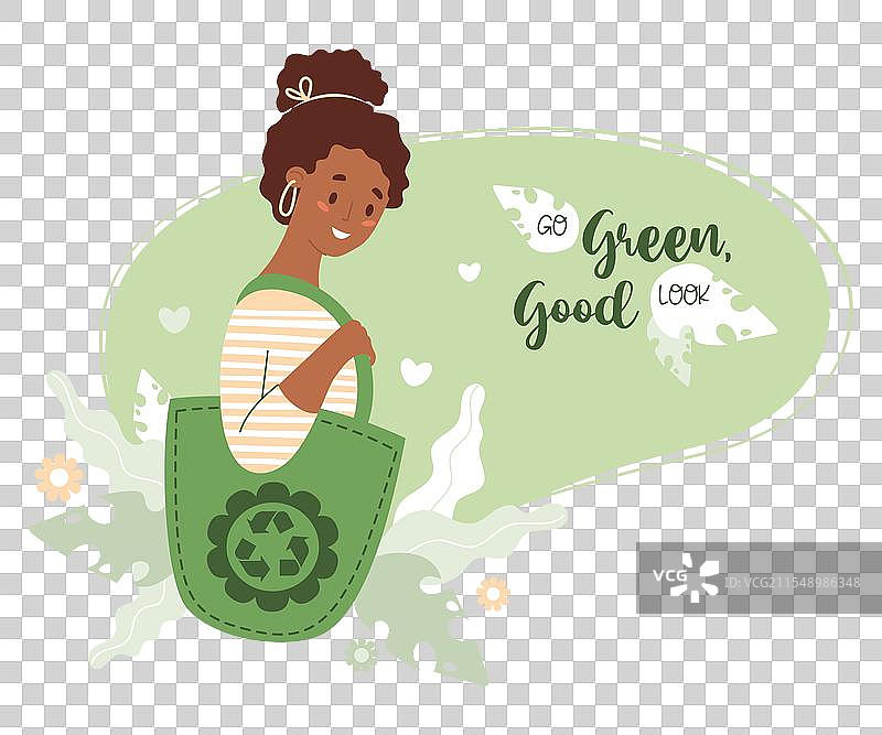 黑人女性手持可重复使用的购物袋图片素材