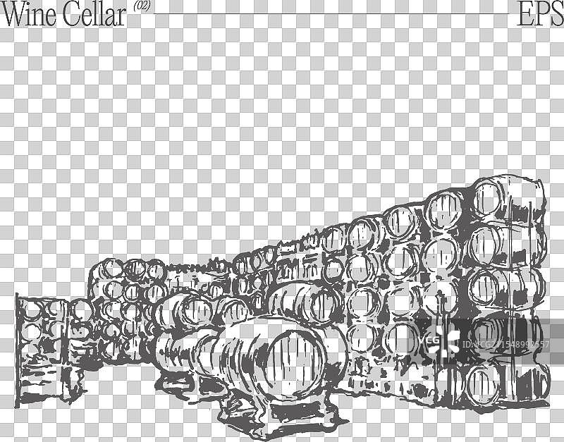 展示堆叠酒桶的酒窖素描图片素材