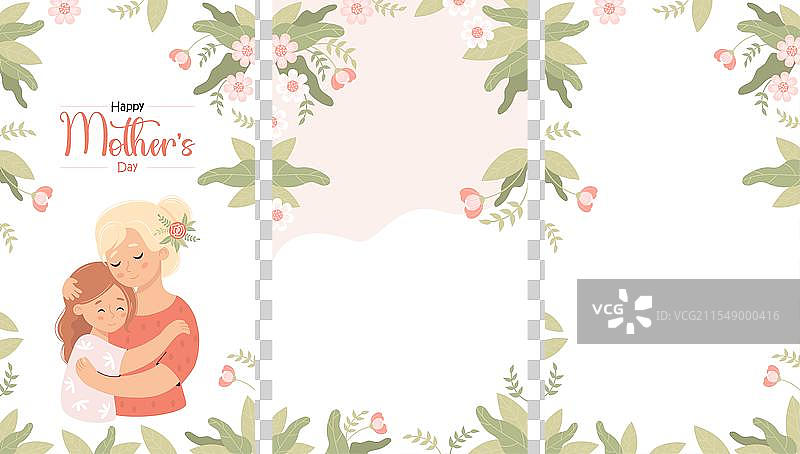 可爱的母亲在白色花卉背景下拥抱女儿图片素材