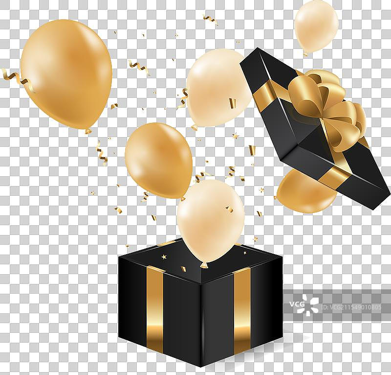 金色和黑色的生日礼物盒与气球图片素材