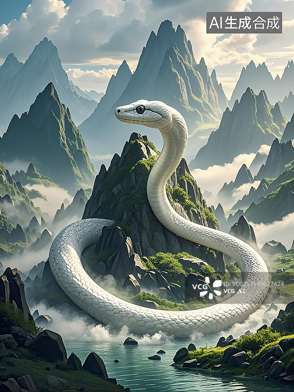 【AI数字艺术】巨蟒环绕山峰图片素材