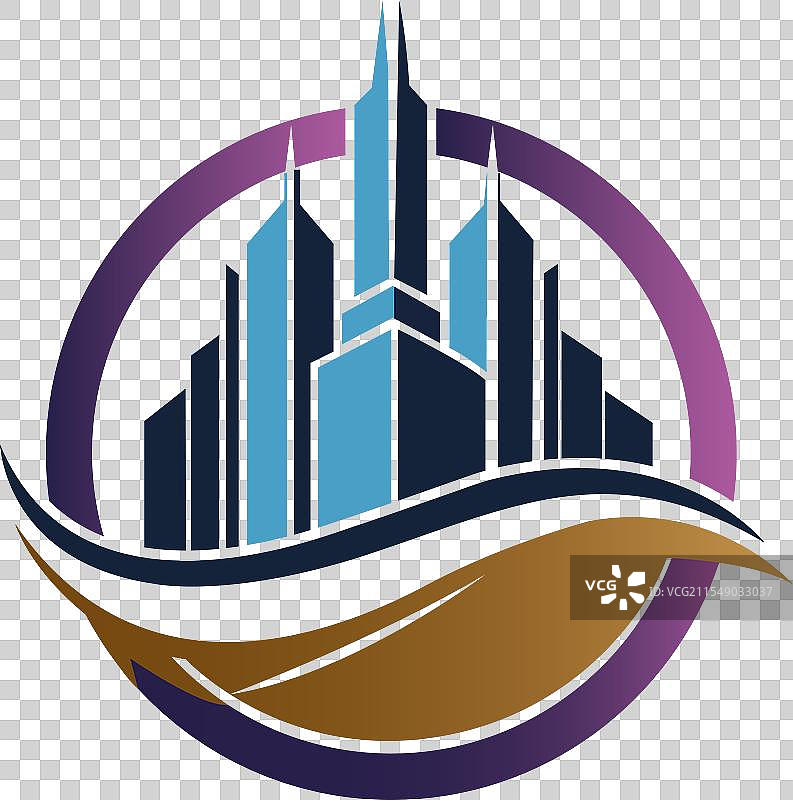 一个蓝白色的标志，展示了城市天际线图片素材