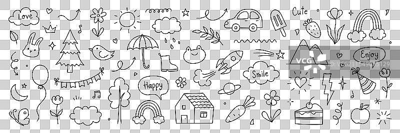 可爱的孩子背景，线条花朵，心形彩虹图片素材