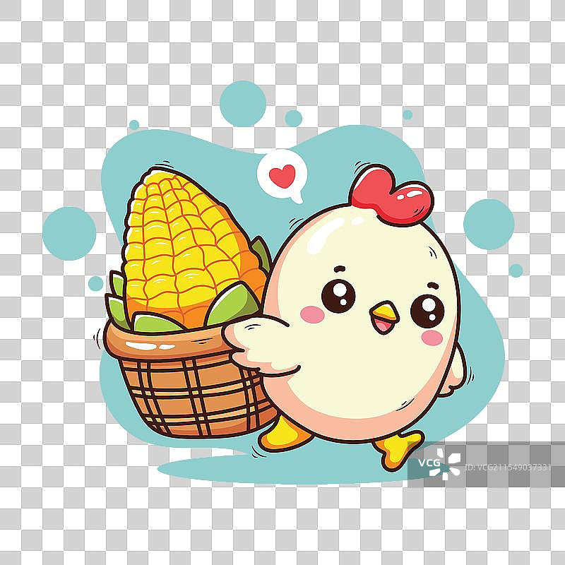 可爱的鸡与玉米和玉米篮子图片素材