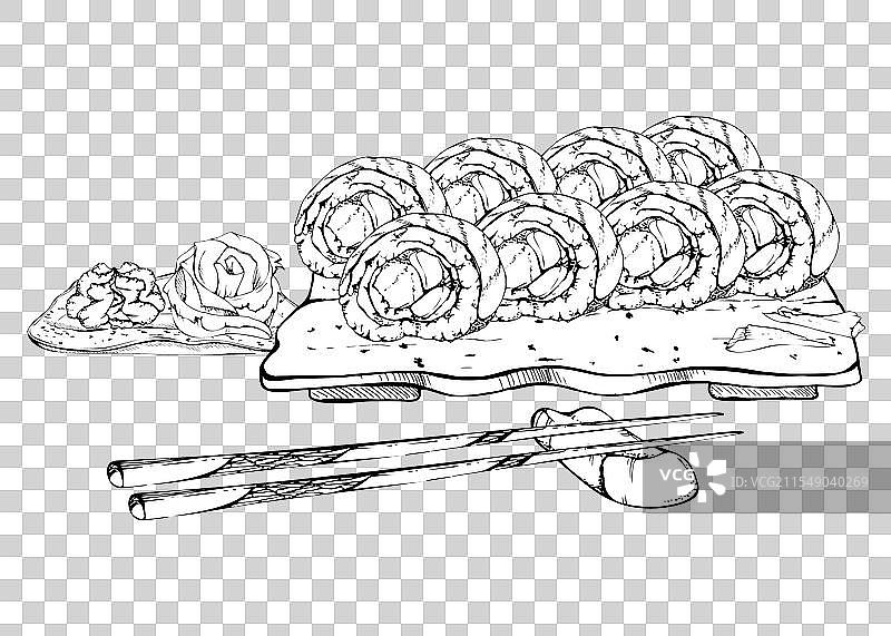 生鱼片寿司卷放在陶瓷盘上图片素材