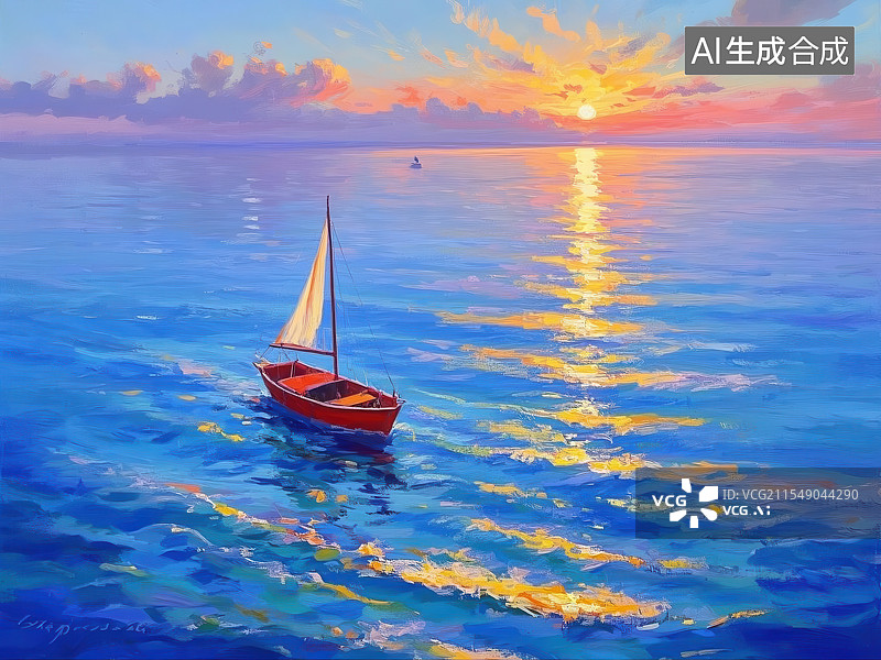 【AI数字艺术】孤帆远影碧空尽，一叶扁舟泛清波图片素材