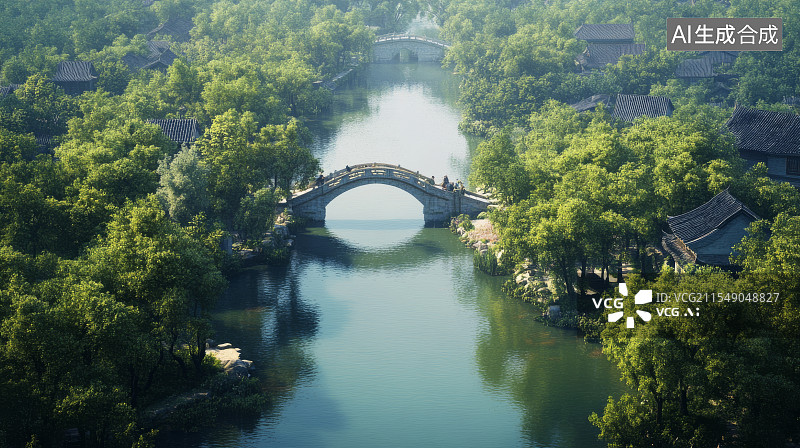 【AI数字艺术】小桥流水中国园林古建筑图片素材