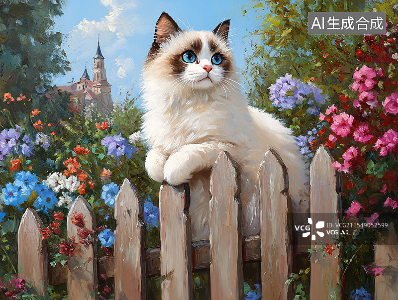【AI数字艺术】花园栅栏上的优雅的猫图片素材