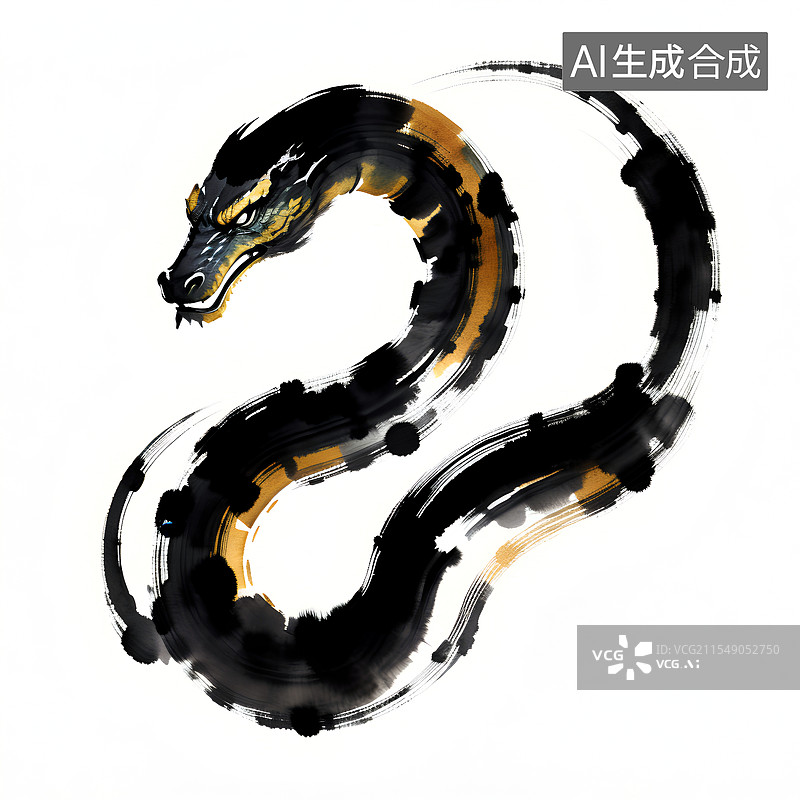 【AI数字艺术】十二生肖水墨画 生肖蛇全身像图片素材