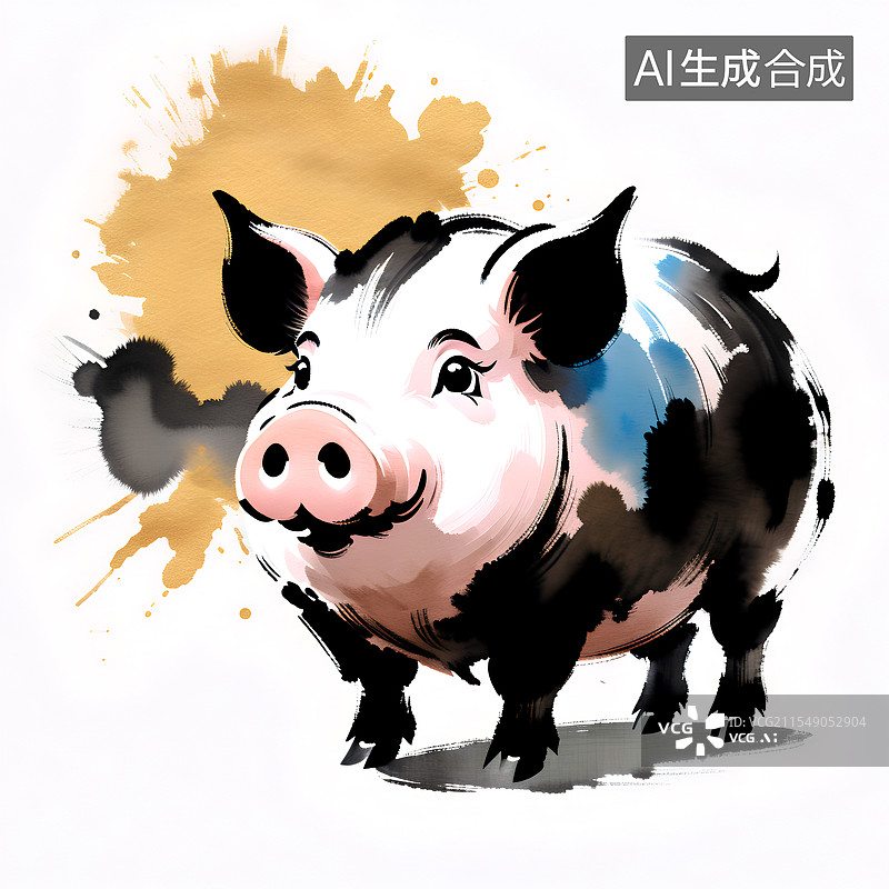【AI数字艺术】十二生肖水墨画 生肖猪全身像图片素材