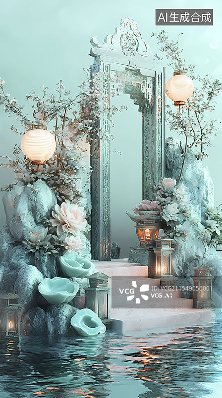 【AI数字艺术】数码青绿色中式舞台设计海报背景图片素材