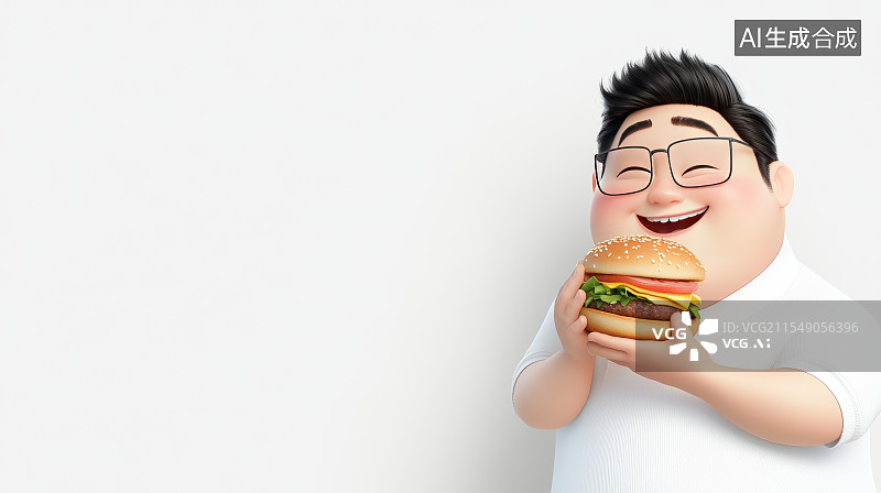 【AI数字艺术】白色背景中手拿汉堡开心的中年男人图片素材