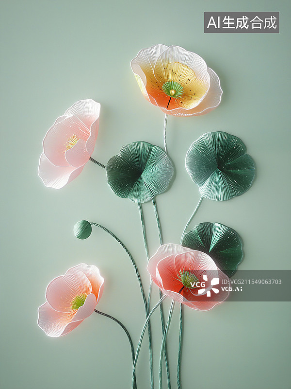 【AI数字艺术】立体雕刻虞美人花朵植物群，立体折纸花朵 C4d风格的各种花束 3D立体花朵和叶子 手工折纸艺术 竖版图片素材