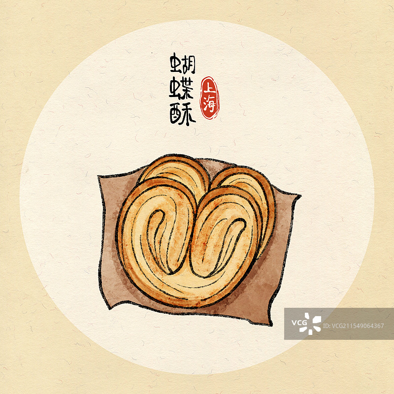 上海美食国风插画-蝴蝶酥图片素材