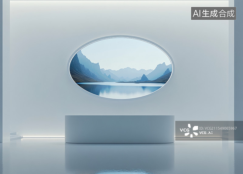 【AI数字艺术】开放式厨房位于现代室内，玻璃墙通向花园图片素材