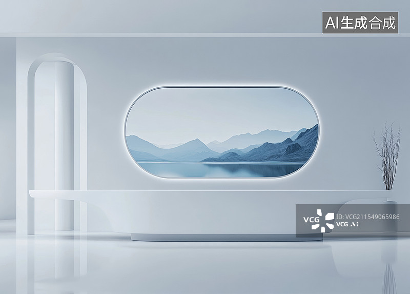 【AI数字艺术】开放式厨房位于现代室内，玻璃墙通向花园图片素材