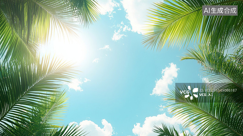 【AI数字艺术】蓝天下的椰子树顶部视角 说明:AIGC内容是指创作者利用合法的第三方生成式AI图片素材