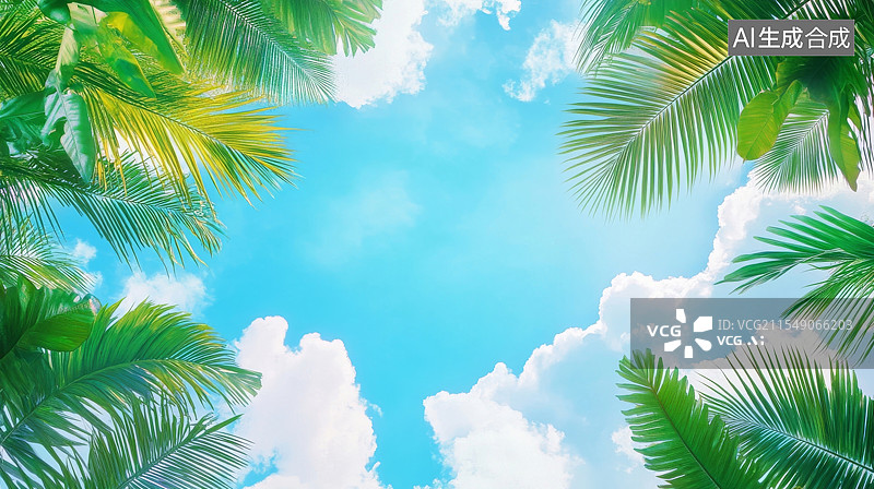【AI数字艺术】蓝天下的椰子树顶部视角 说明:AIGC内容是指创作者利用合法的第三方生成式AI图片素材